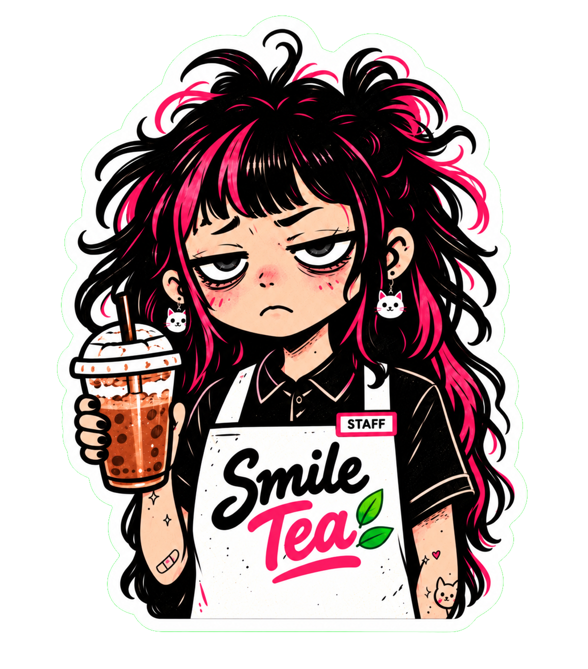 Tired boba girl wearing a Smile Tea apron sticker